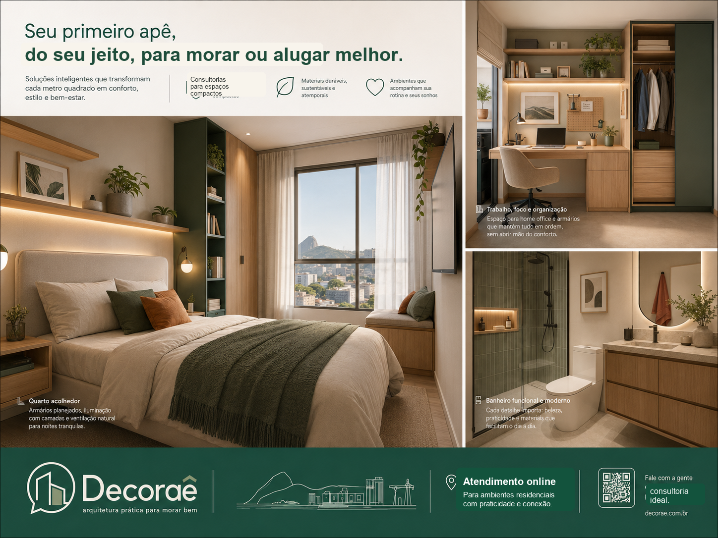 Quarto e banheiro planejados para apartamento compacto
